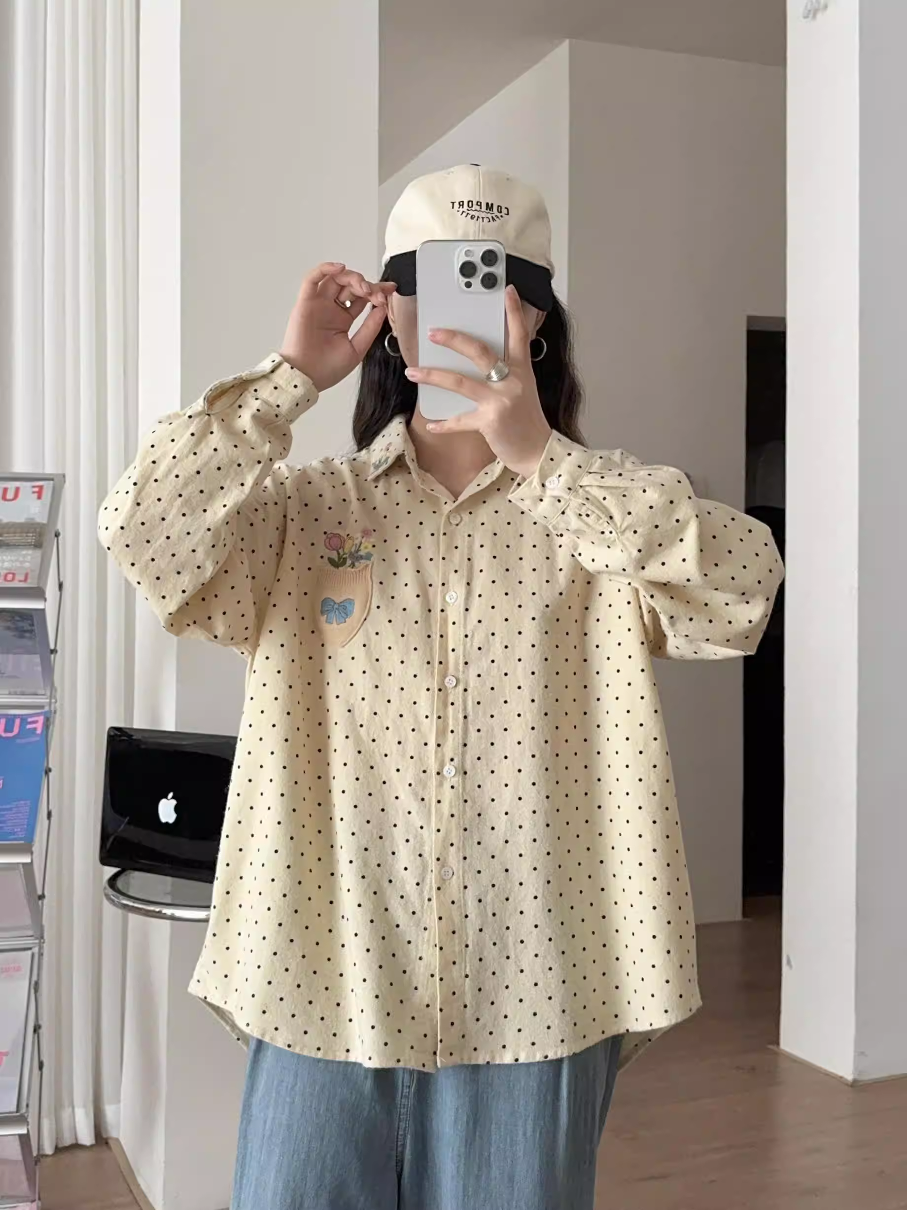 Áo sơ mi nữ cotton dệt kim thêu hoa mùa đông Dream Box 2024, cổ trụ, tay dài, dáng rộng, chất liệu mềm mại