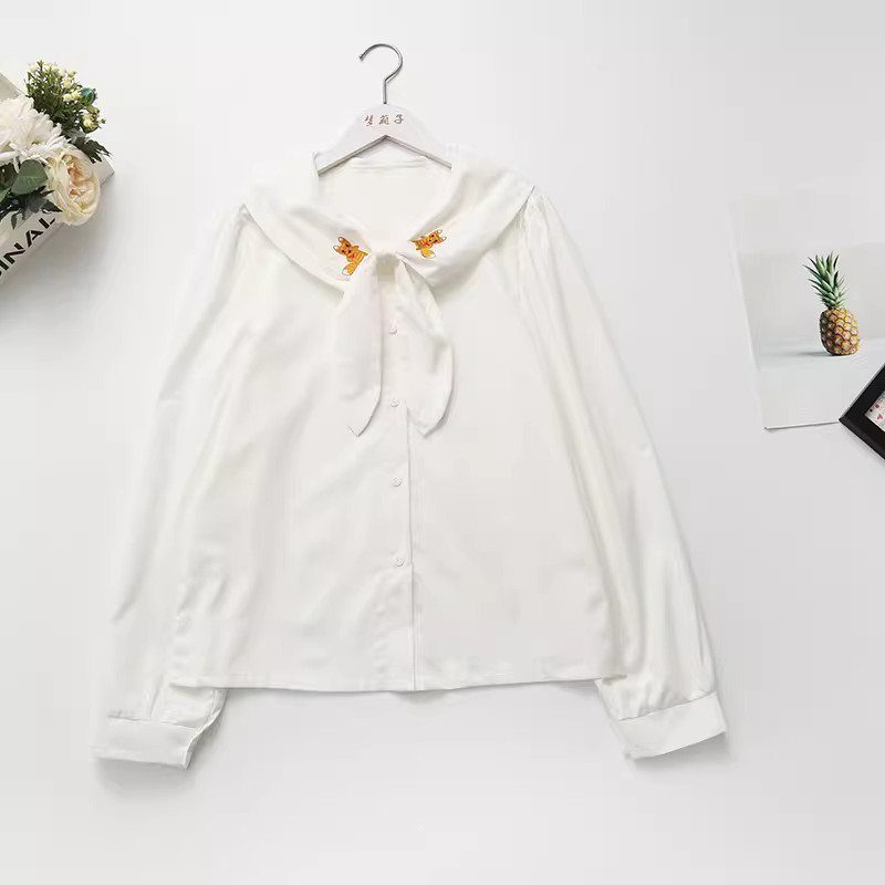 Áo sơ mi cotton thêu hình cáo nhỏ mùa thu mới Dream Box 2022, cổ nơ tai thỏ, tay dài, dáng rộng, màu trắng