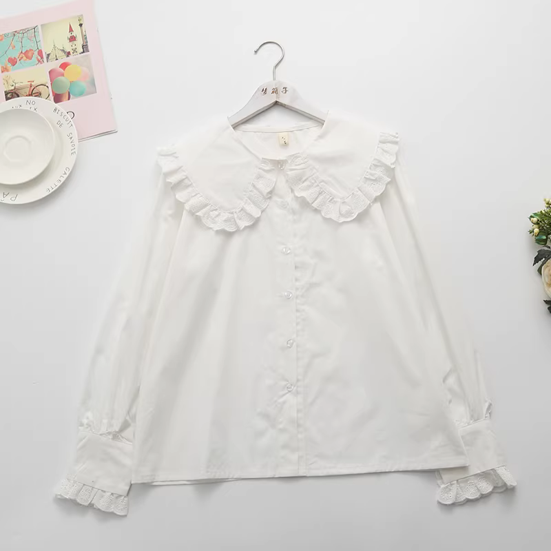 Áo sơ mi nữ cotton tay đèn kiểu cung điện phong cách mới Thu 2024 Dream Box, cổ búp bê ren, tay dài, dáng rộng, màu trắng