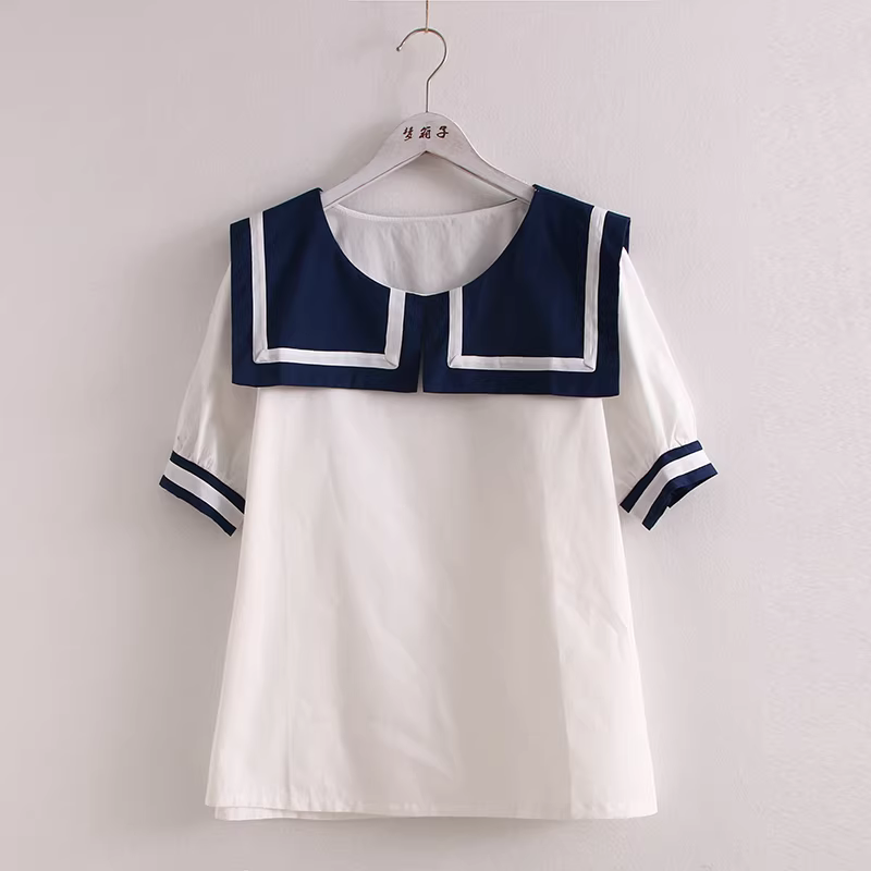 Dream Box 2024 Áo sơ mi cotton phối màu phong cách Nhật Bản mới dành cho nữ có cổ vuông, tay ngắn, dáng rộng, áo sơ mi giảm tuổi tác