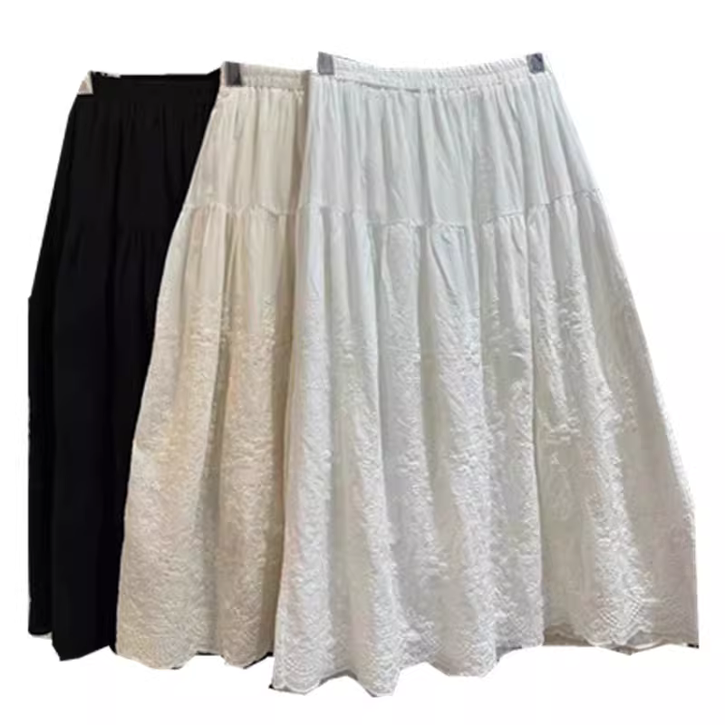 Váy cotton thêu nặng mùa xuân 2024 Dream Box, lưng thun, dáng chữ A, phong cách Mori Girl, chất liệu cotton nguyên chất, dài ngang đùi