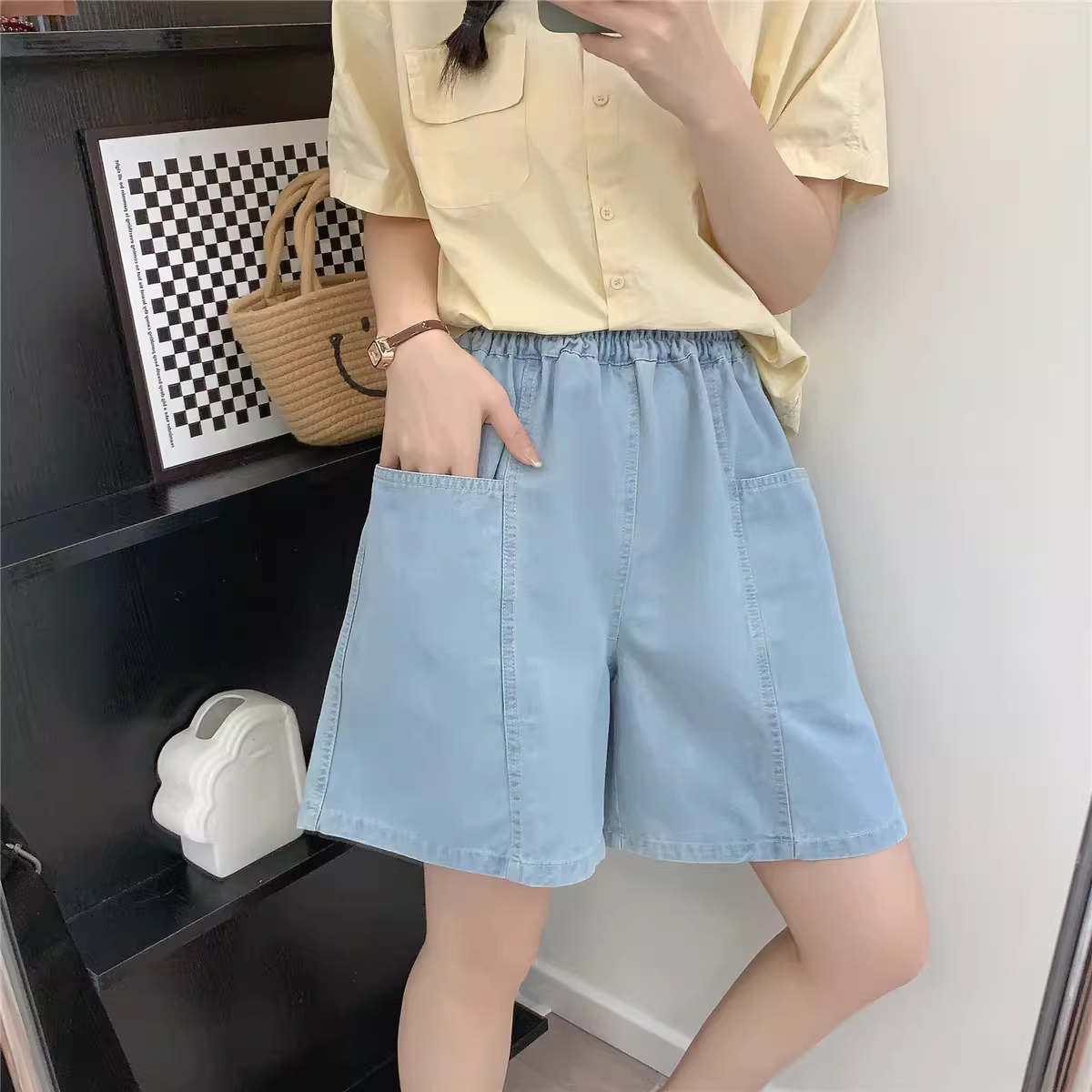 Dream Box 2023 Mùa Hè Phong Cách Mới Tươi Mát Màu Trơn Năm Điểm Quần Ống Rộng Co Giãn Giảm Béo Túi Rộng Quần Short Denim