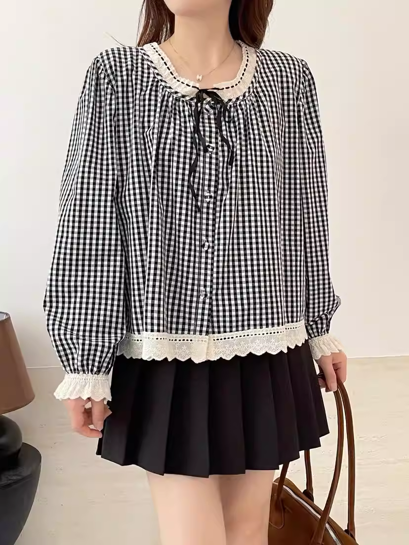 Áo sơ mi cotton kẻ caro phối ren Dream Box 2025 thu mới, cổ tròn, tay dài, dáng rộng, buộc dây