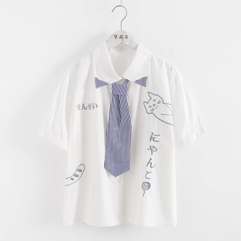 Dream Box 2023 Mùa Hè Mới Mèo Nhật Bản Áo Sơ Mi Cotton Thêu Cổ Bẻ Tay Ngắn Sọc Thắt Nơ Áo Sơ Mi Trắng