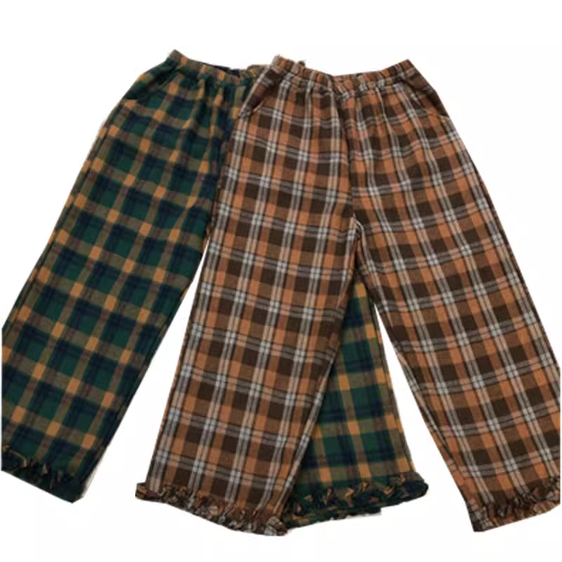 Dream Box 2023 Winter New Vintage Quần kẻ sọc lưng thun thẳng có viền xù, quần kẻ sọc có lót lông cừu và dày dặn