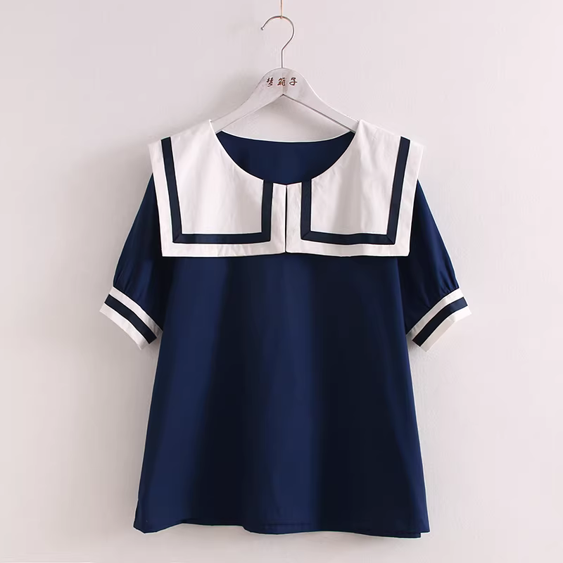 Dream Box 2024 Áo sơ mi cotton phối màu phong cách Nhật Bản mới dành cho nữ có cổ vuông, tay ngắn, dáng rộng, áo sơ mi giảm tuổi tác