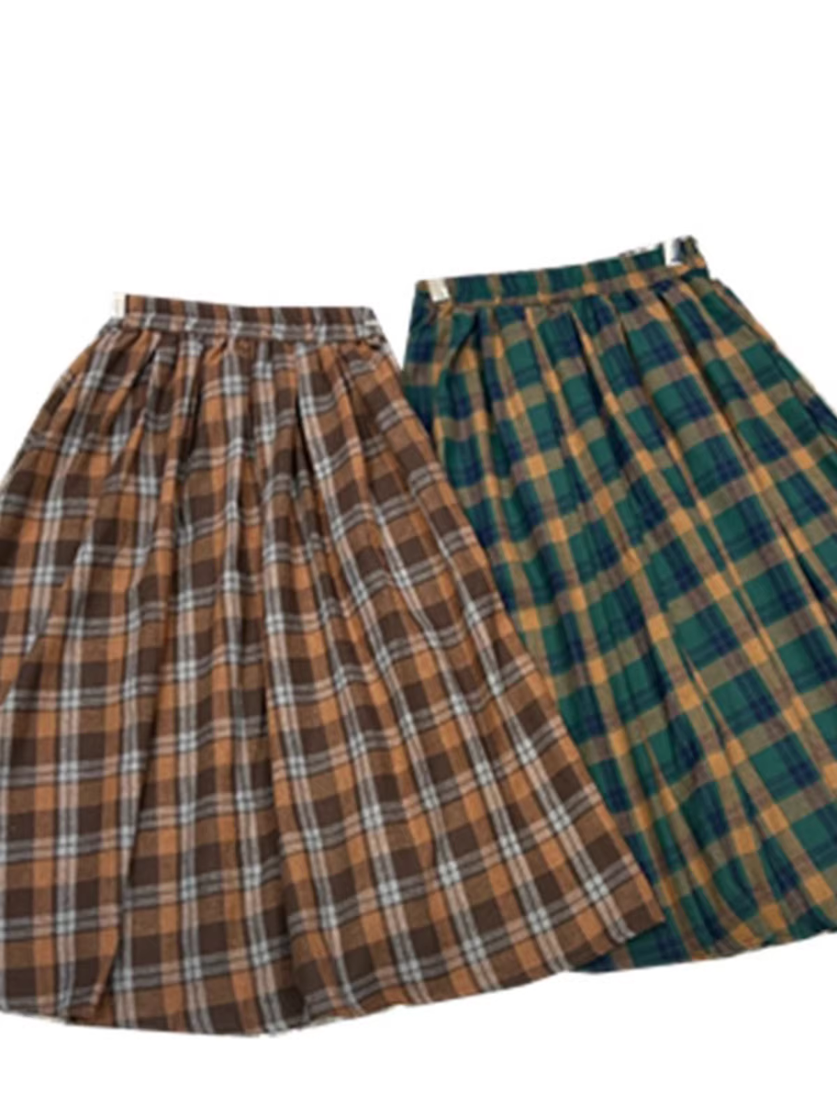 Váy cotton kẻ ca rô vintage mùa thu Dream Box 2024, lưng thun, dáng chữ A, lưng cao, dài qua gối