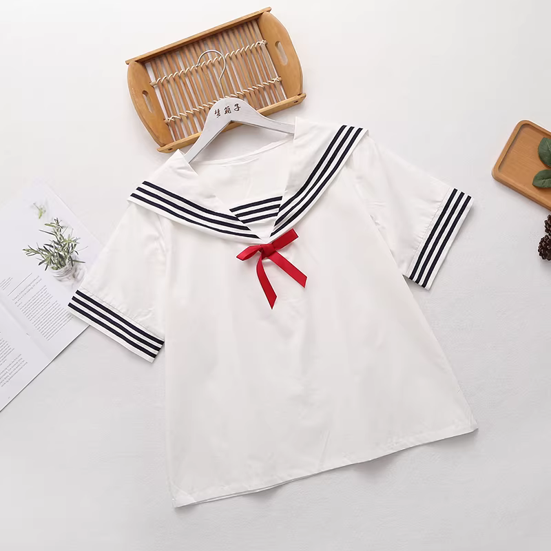 Dream Box 2023 Mùa Hè Mới Ngọt Nơ Áo Sơ Mi Cotton Nữ Hải Quân Cổ Tay Ngắn Rời Cổ Áo Sơ Mi Trắng