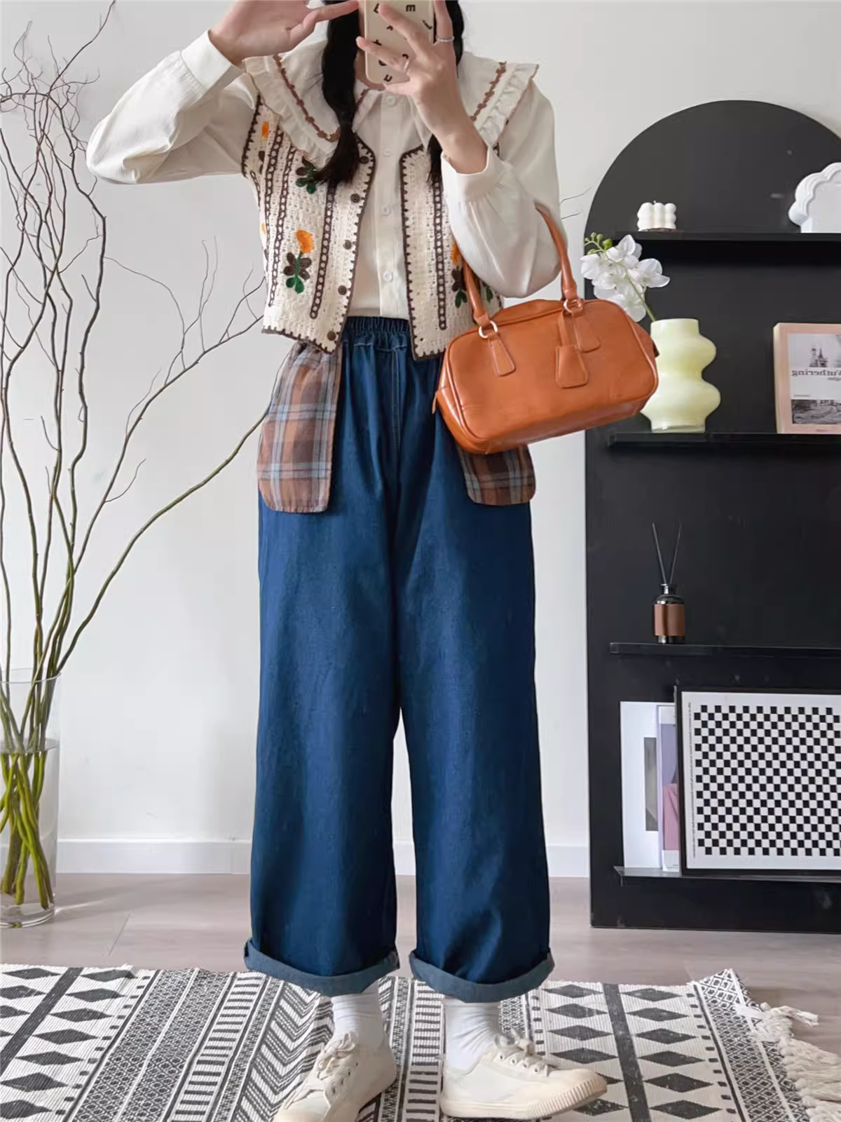 Dream Box 2023 Mùa Xuân Mới Kẻ Sọc Túi Màu Trơn Quần Ống Suông Co Giãn Giảm Béo Rời Quần Jean Ngắn Cho Nữ