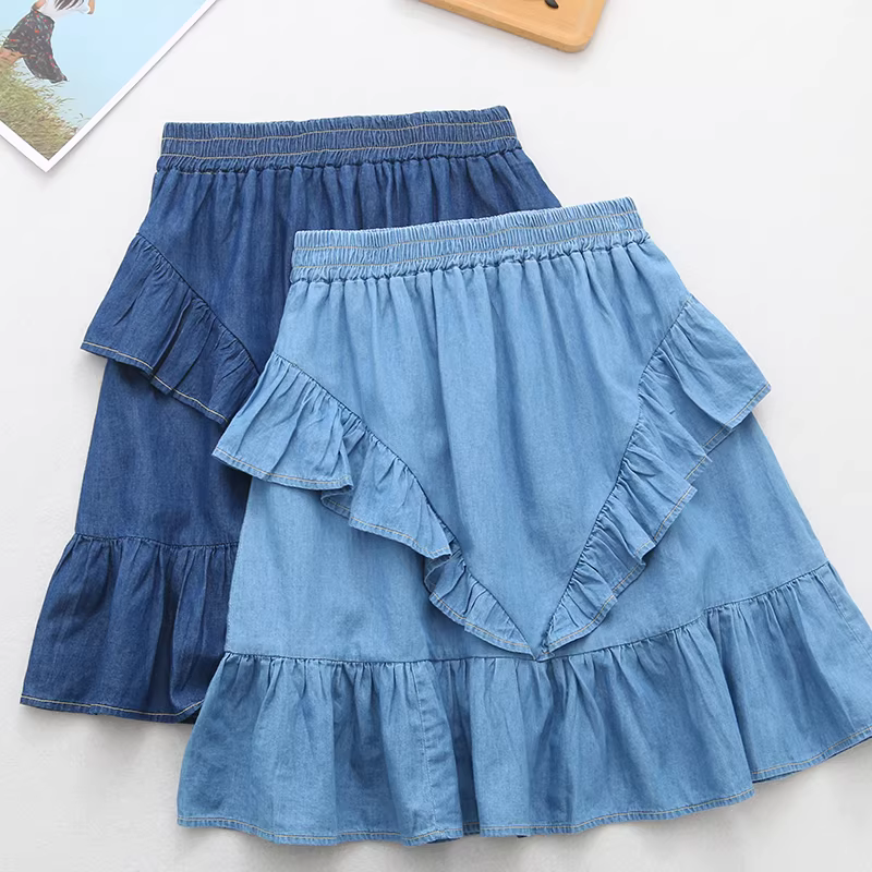 Váy xếp ly phối màu phong cách Mori Girl mùa hè 2024 Dream Box, chất liệu denim, lưng thun, dáng chữ A, dành cho nữ