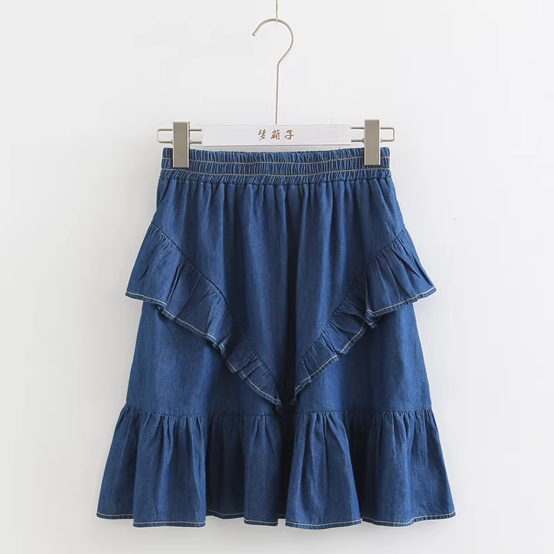 Váy xếp ly phối màu phong cách Mori Girl mùa hè 2024 Dream Box, chất liệu denim, lưng thun, dáng chữ A, dành cho nữ