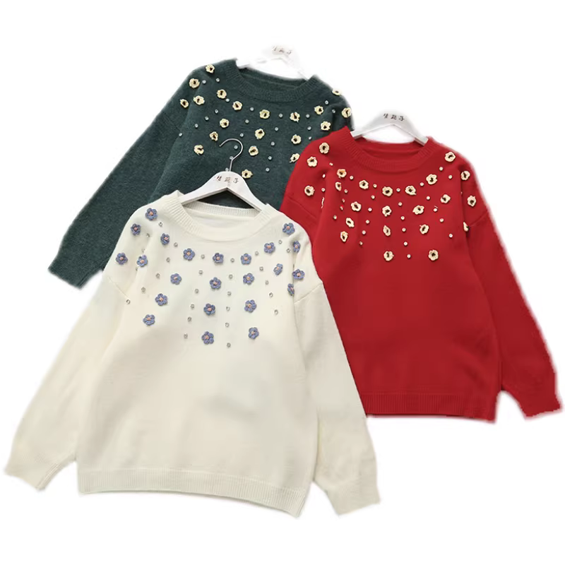 Dream Box 2023 Áo len đính hoa móc mới mùa thu dành cho nữ, áo chui đầu cổ tròn, tay dài, áo len dệt kim dáng rộng.