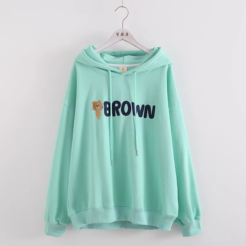 Áo len nỉ nữ dáng rộng tay dài in thêu chữ Gấu nâu hoạt hình Dream Box Thu 2024