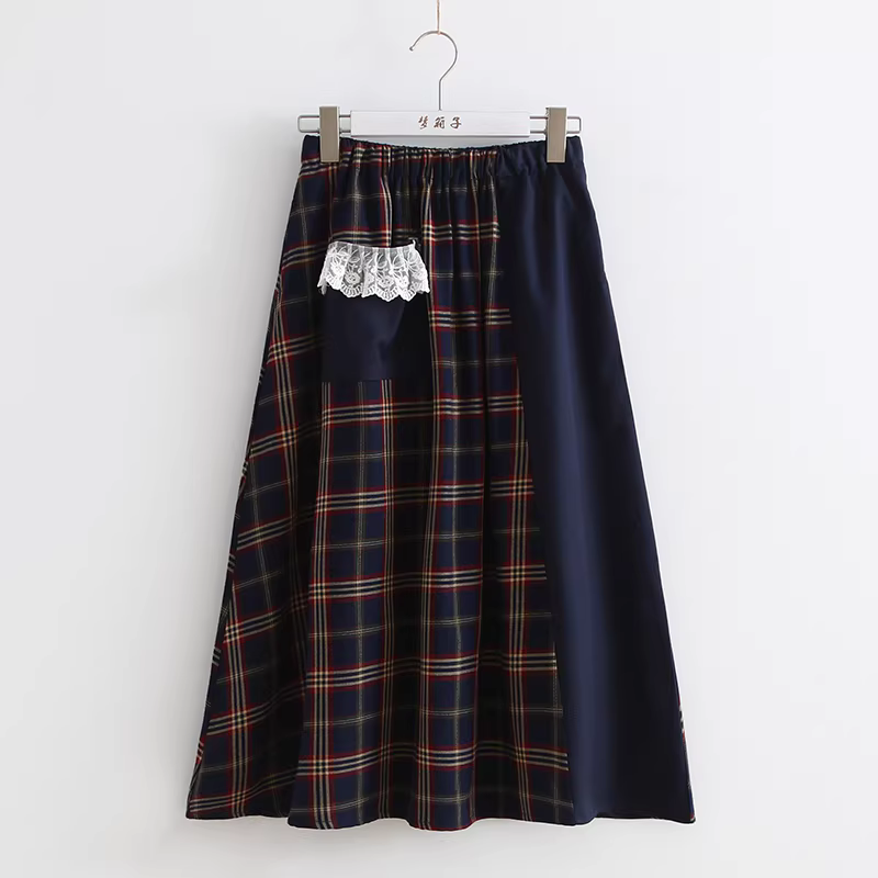 Dream Box 2023 Mùa Hè Mới Vintage Kẻ Sọc Chắp Vá Váy Nữ Viền Ren Túi Chân Váy Chữ A Váy Dài Trung Bình