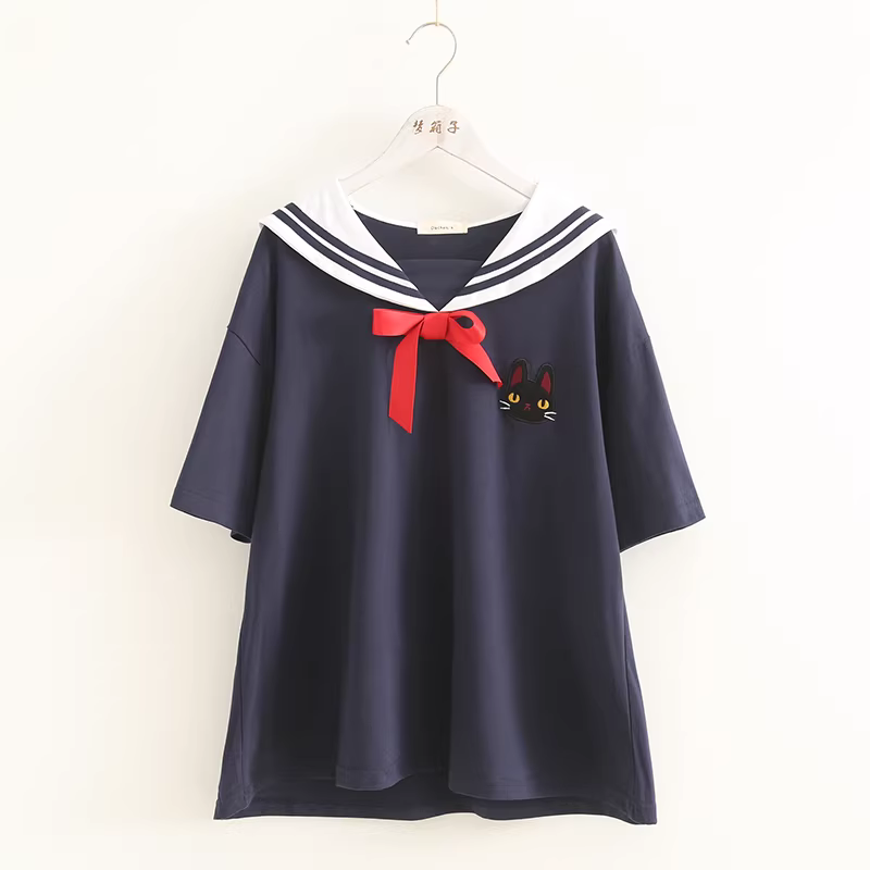 Áo thun nữ cotton dáng rộng tay ngắn cổ bẻ nơ thêu hình mèo mùa hè mới Dream Box 2024