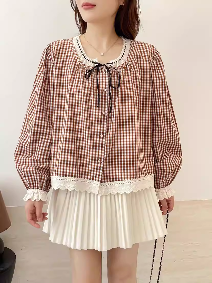 Áo sơ mi cotton kẻ caro phối ren Dream Box 2025 thu mới, cổ tròn, tay dài, dáng rộng, buộc dây