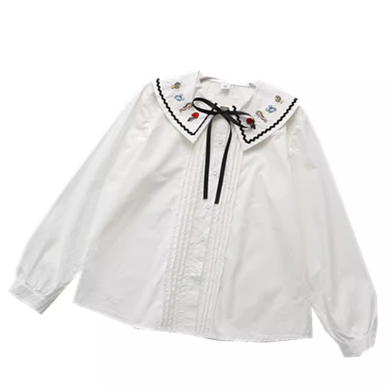 Áo sơ mi cotton thêu hình động vật biển phong cách mới Thu 2021 Dream Box, cổ búp bê, tay dài, dáng rộng, màu trắng dành cho nữ