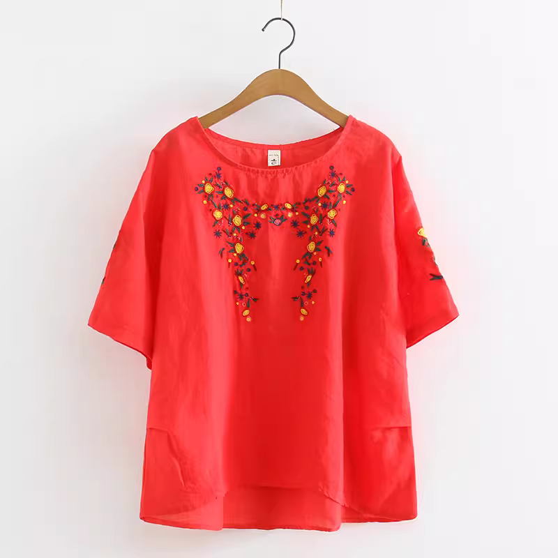 Dream Box 2023 Mùa Hè Phong Cách Mới Hoa Tươi Thêu Nặng Áo Sơ Mi Vải Lanh Nữ Cổ Tròn Chui Đầu Rời Áo Sơ Mi Màu Đỏ