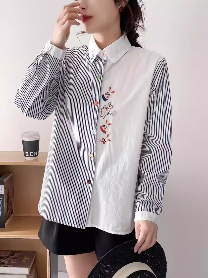 Dream Box 2024 Áo sơ mi cotton thêu hình thỏ hoạt hình mới mùa xuân có cổ bẻ, tay dài, cúc nhiều màu, áo sơ mi sọc rộng.