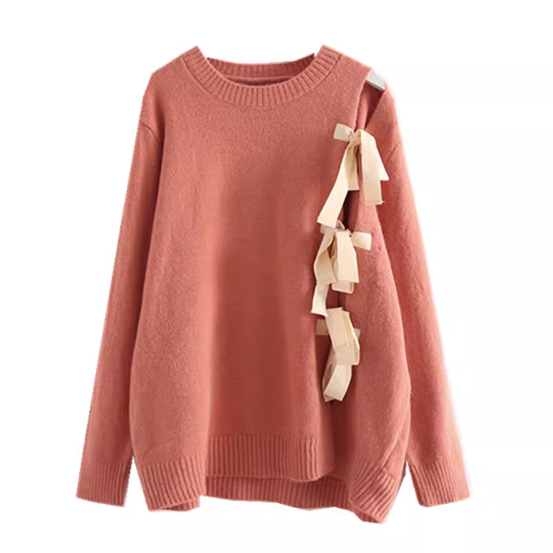 Áo len nữ dáng rộng tay dài cổ tròn buộc dây kiểu mới thu đông 2023 Dream Box, chất liệu ren phối nơ, màu trơn
