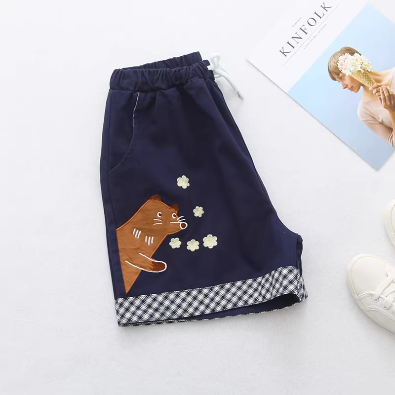 Dream Box 2023 Mùa Hè Mới Hoạt Hình Cáo Miếng Dán Thêu Học Sinh Thẳng Quần Lưng Thun Áo Cotton Quần Short Nữ
