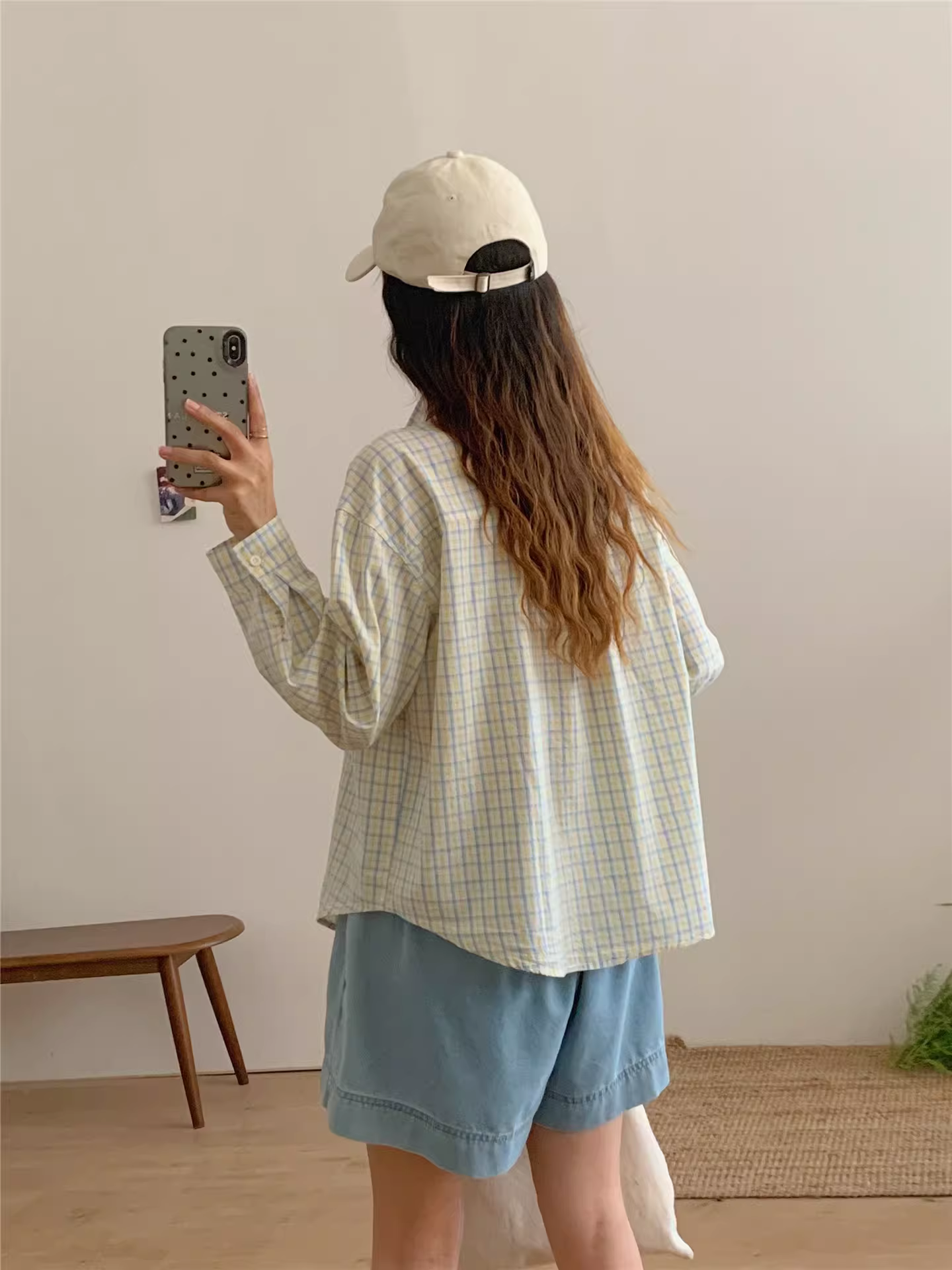 Áo sơ mi cotton thêu hình chó mùa thu Dream Box 2025, cổ trụ, tay dài, dáng rộng, kẻ caro