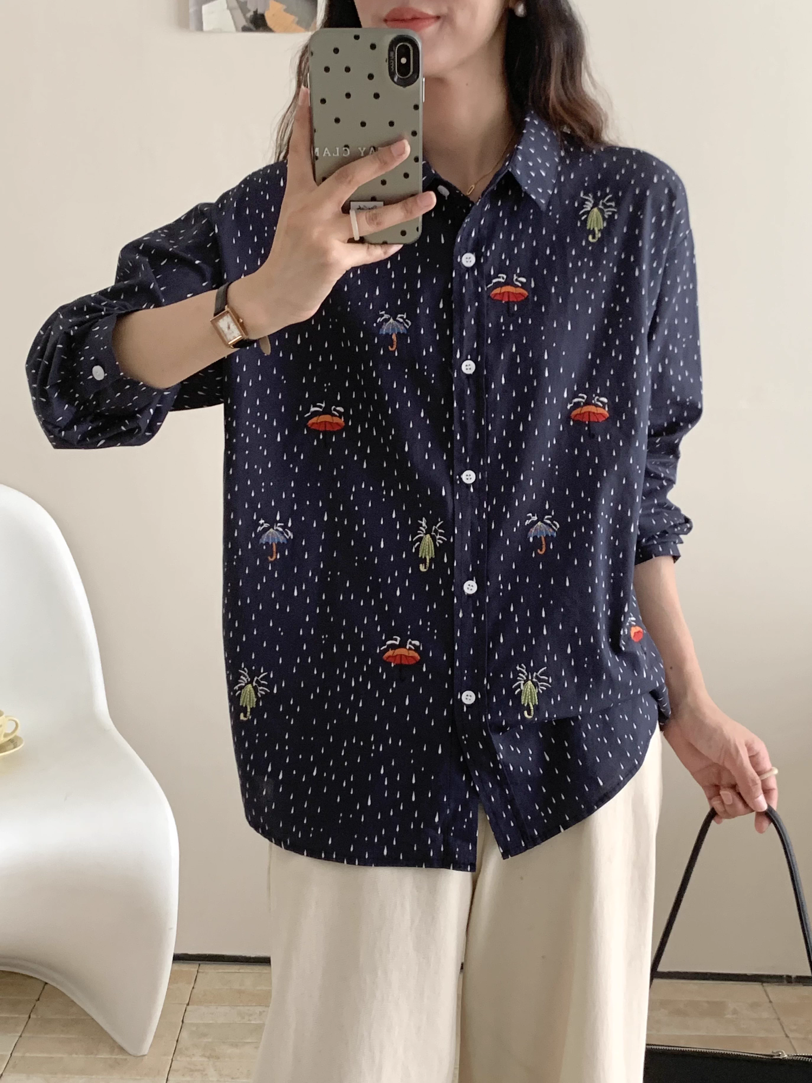 Dream Box 2025 Áo sơ mi cotton thêu ô nhỏ nhiều màu sắc mùa thu mới có cổ bẻ, tay dài, dáng rộng, áo sơ mi nữ giảm tuổi tác.