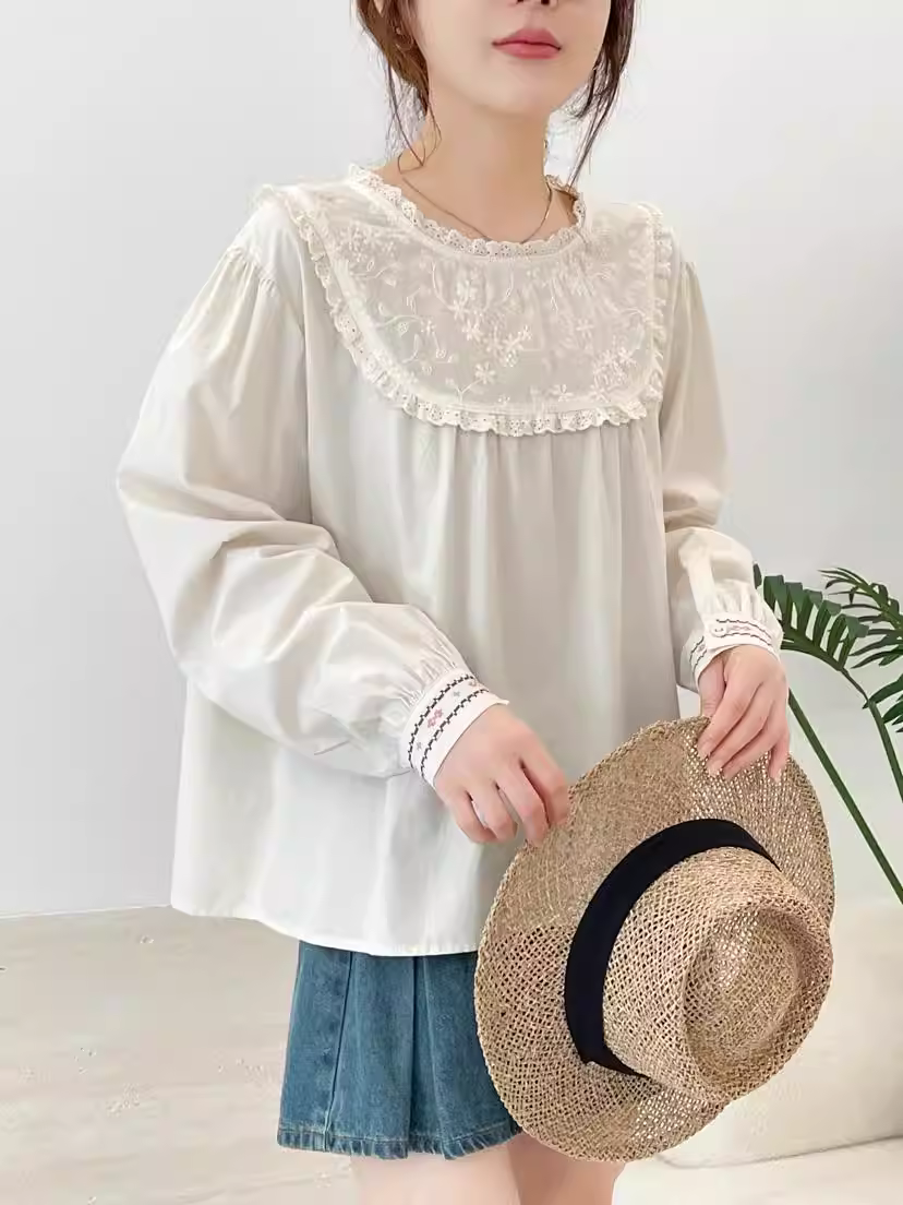 Áo sơ mi cotton thêu họa tiết Dream Box 2025 Thu mới, cổ tròn, tay dài, dáng rộng, kiểu áo trẻ trung.