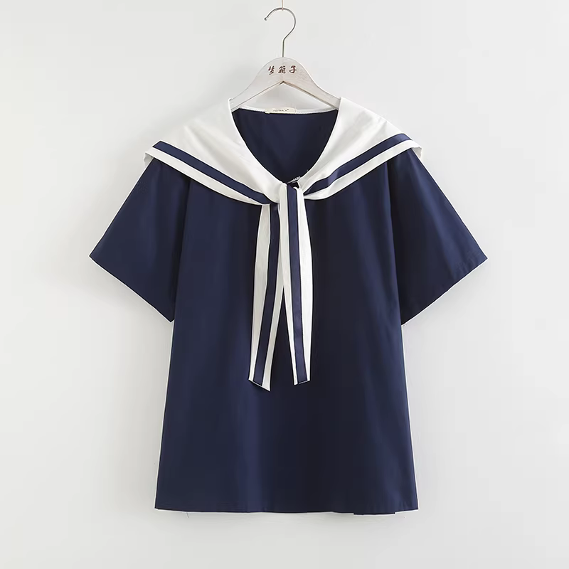 Dream Box 2023 Mùa Hè Phong Cách Mới Màu Khối Chắp Vá Thắt Nút Chéo Cổ Thủy Thủ Áo Chui Đầu Ngắn Tay Áo Cotton Rộng Cho Nữ
