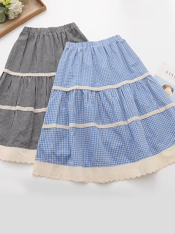 Váy cotton xếp tầng dáng A, eo thun, viền ren, họa tiết ca rô, mùa hè 2025, Dream Box