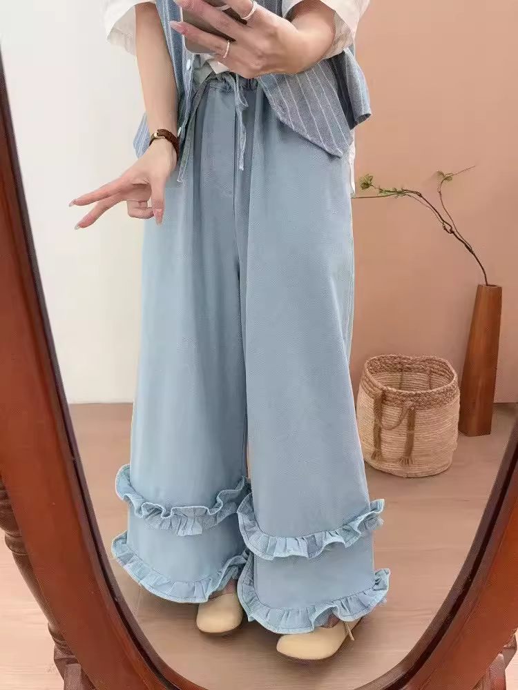 Quần Jeans rộng ống xếp tầng bèo nhún kiểu dáng mới Xuân 2025 Dream Box, cạp chun dây rút, đa năng, thoải mái