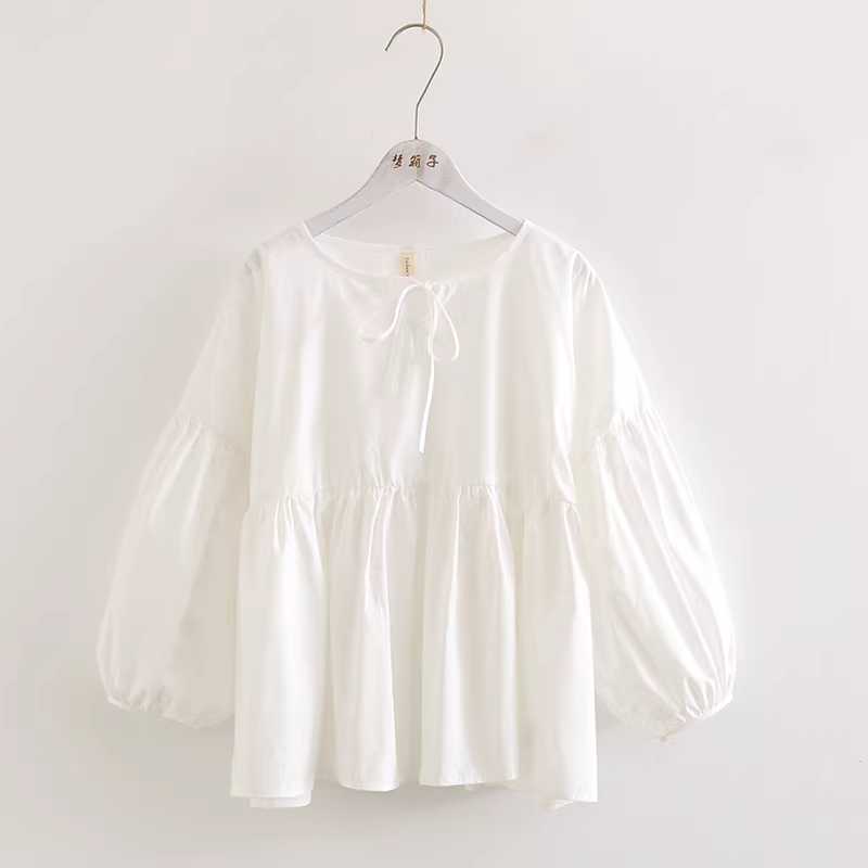 Áo sơ mi nữ tay đèn kiểu mới Dream Box 2024, màu trơn, chất liệu chắc chắn, cổ tròn, dáng rộng, màu trắng, có nơ buộc