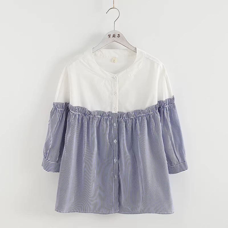 Áo sơ mi cotton phối màu sọc chắp vá mùa hè Dream Box 2024 dành cho nữ, cổ đứng tay ngắn bèo nhún dáng rộng