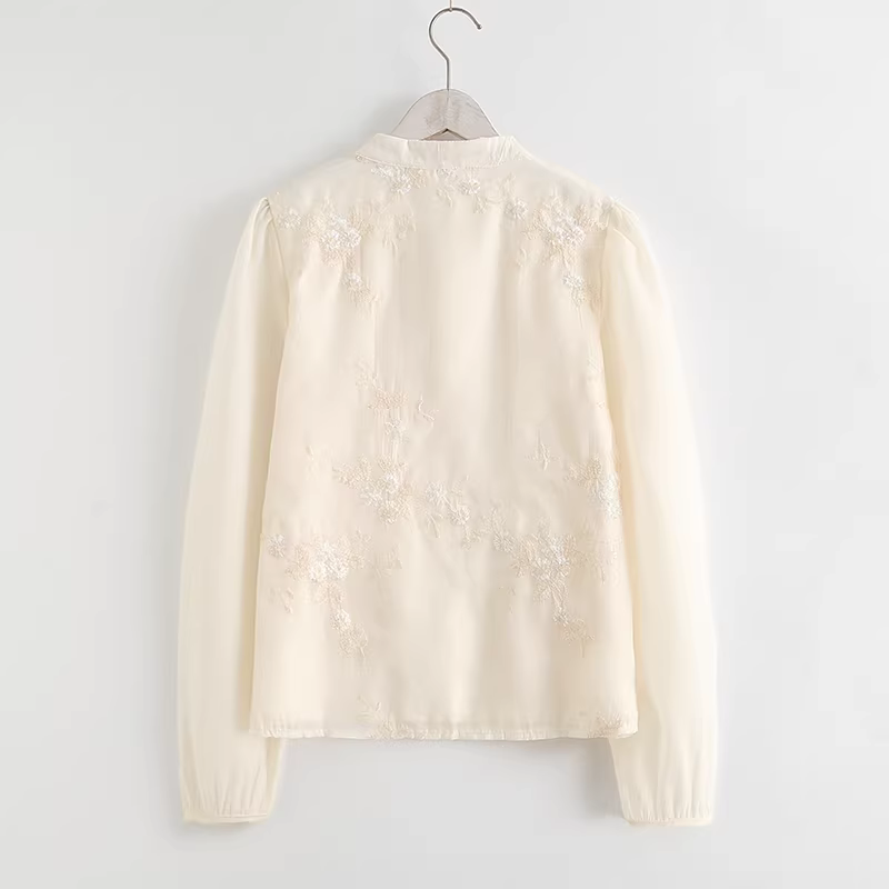 Áo sơ mi nữ cổ đứng tay phồng thêu họa tiết vintage phong cách Trung Hoa mới Xuân 2024 Dream Box