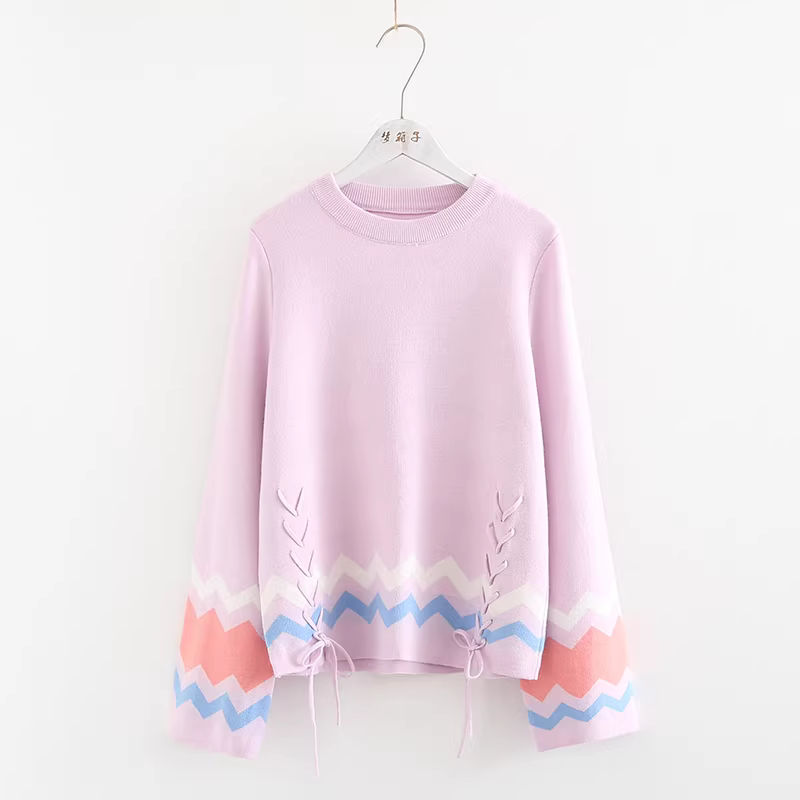 Áo len nữ Dream Box 2023 thu đông, phối màu mới, kiểu dáng xòe, cổ tròn, có nơ buộc, áo len tươi mát