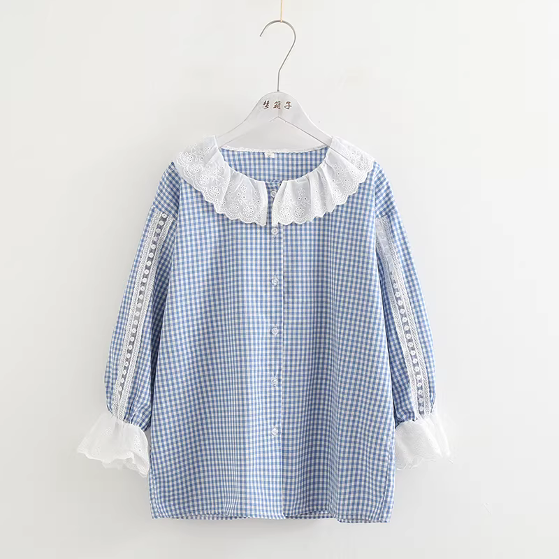Áo sơ mi nữ cotton kẻ caro dáng rộng đa năng cổ búp bê ren thêu Dream Box Thu 2024