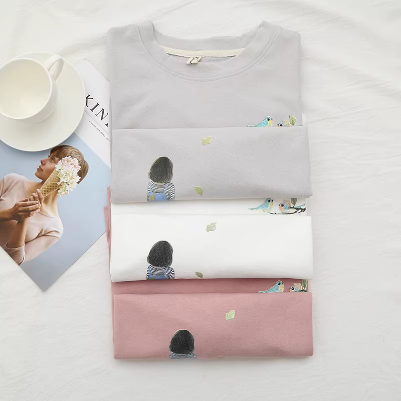 Dream Box 2021 Mùa Hè Mới Chim In Hình Cô Gái Sinh Viên Top Nữ Cổ Tròn Chui Đầu Tay Ngắn Rời Áo Thun Trắng