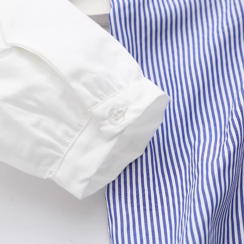 Dream Box 2023 Thu Đông Mới Phong Cách Nhật Bản Tươi Mát Sọc Xanh Yếm Áo Sơ Mi Chắp Vá Nữ Cổ Tròn Giả Hai Mảnh Áo Sơ Mi Sọc