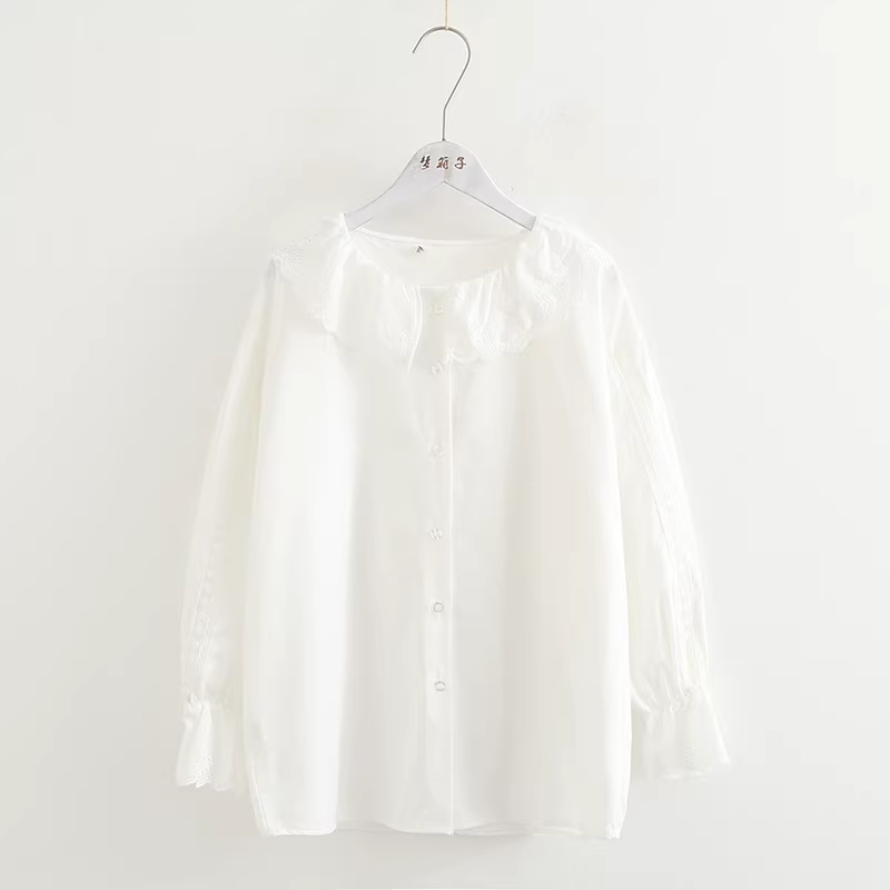 Áo sơ mi nữ cotton kẻ caro dáng rộng đa năng cổ búp bê ren thêu Dream Box Thu 2024