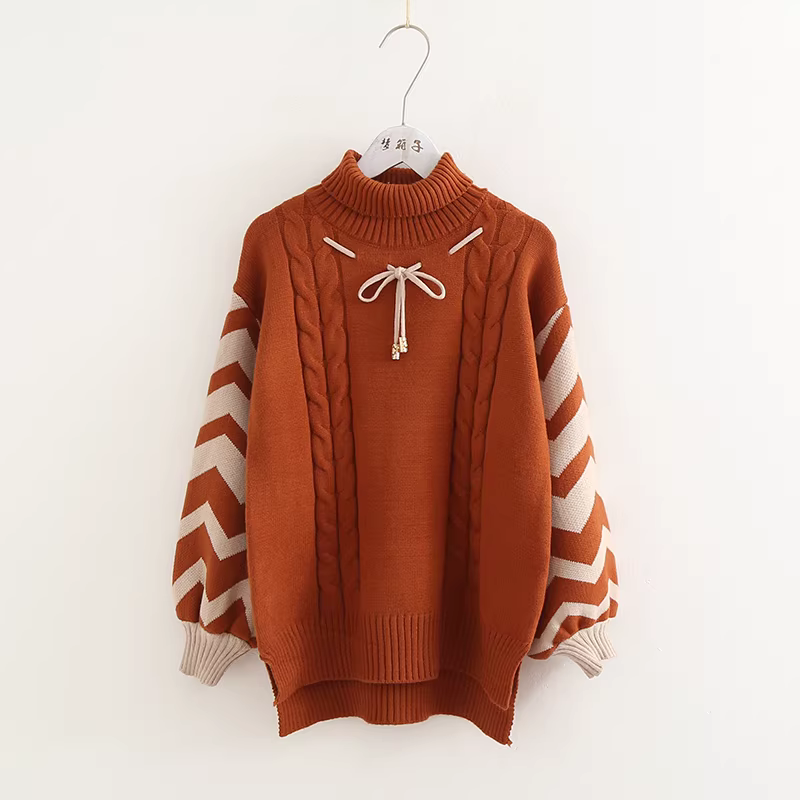 Áo len cao cổ tay đèn lồng phối màu Xuân 2024 Dream Box dành cho nữ, chất liệu dệt kim xoắn ốc, kiểu dáng dễ thương