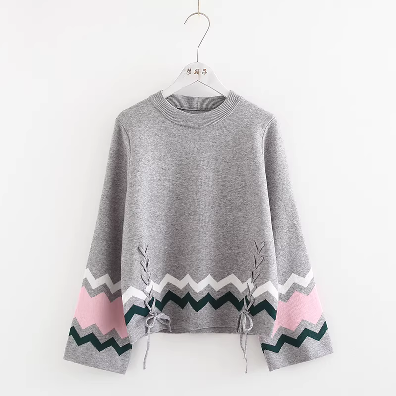 Áo len nữ Dream Box 2023 thu đông, phối màu mới, kiểu dáng xòe, cổ tròn, có nơ buộc, áo len tươi mát