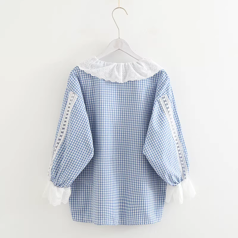 Áo sơ mi nữ cotton kẻ caro dáng rộng đa năng cổ búp bê ren thêu Dream Box Thu 2024
