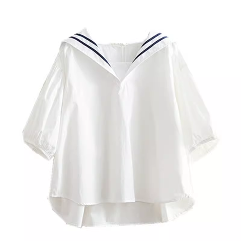 Áo sơ mi nữ phong cách hải quân mùa hè Dream Box 2024, áo sơ mi dáng rộng cổ thủy thủ phối sọc, áo sơ mi size lớn.