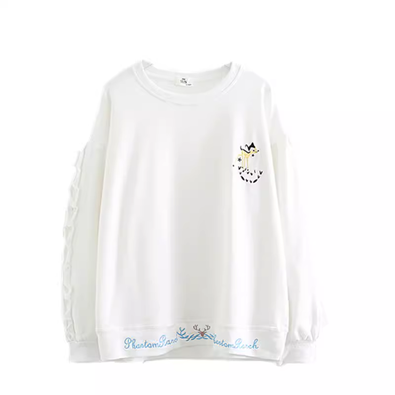 Áo thun nữ tay dài dáng rộng thêu hình nai phong cách mới Xuân 2024 Dream Box cổ tròn phối bèo nhún