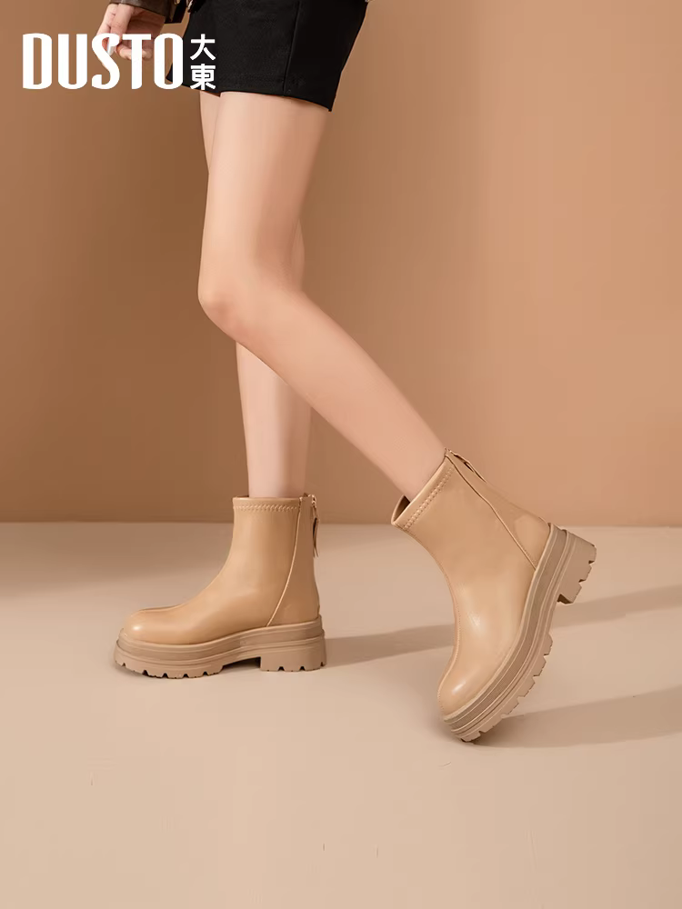 Giày bốt đế dày Dadong dành cho nữ, kiểu mới thu đông 2025, màu cà phê, kiểu Melard, bốt nữ ôm dáng co giãn, kiểu Martin.