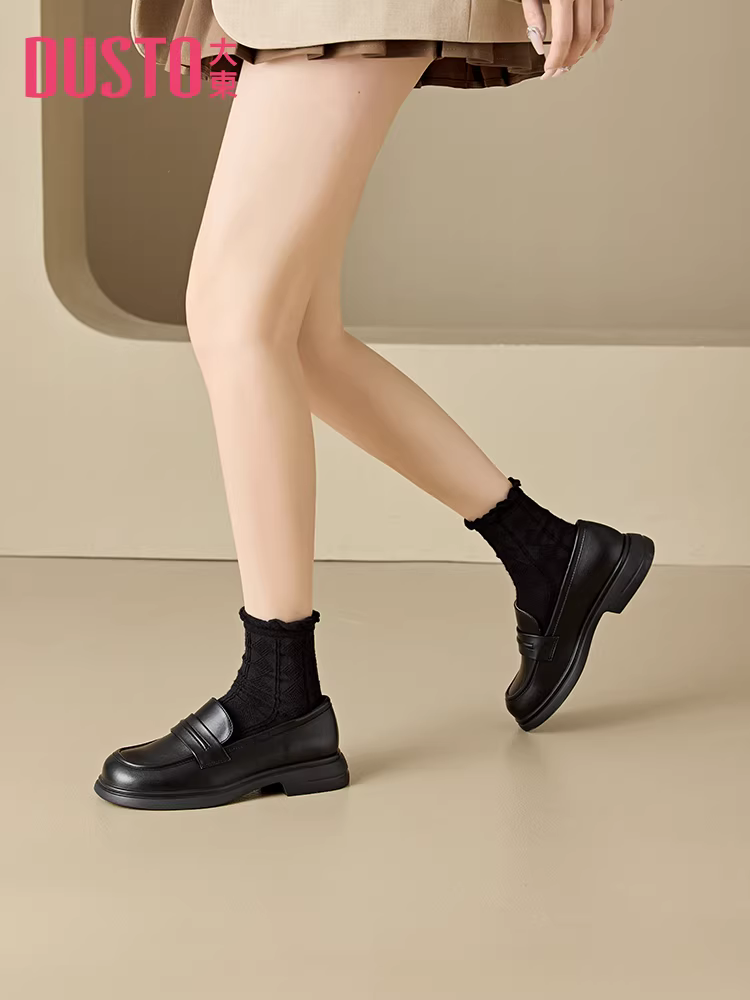 Giày lười kiểu Anh Dadong dành cho nữ, mẫu mới mùa thu 2025, giày da đế dày màu đen, giày lười đa năng đi làm.