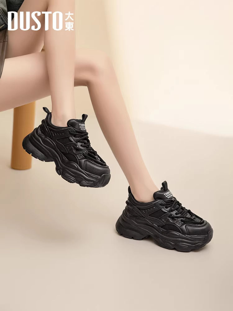Giày thể thao đế dày nữ 2025 kiểu mới thu đông màu đen tăng chiều cao, giày thể thao thường ngày