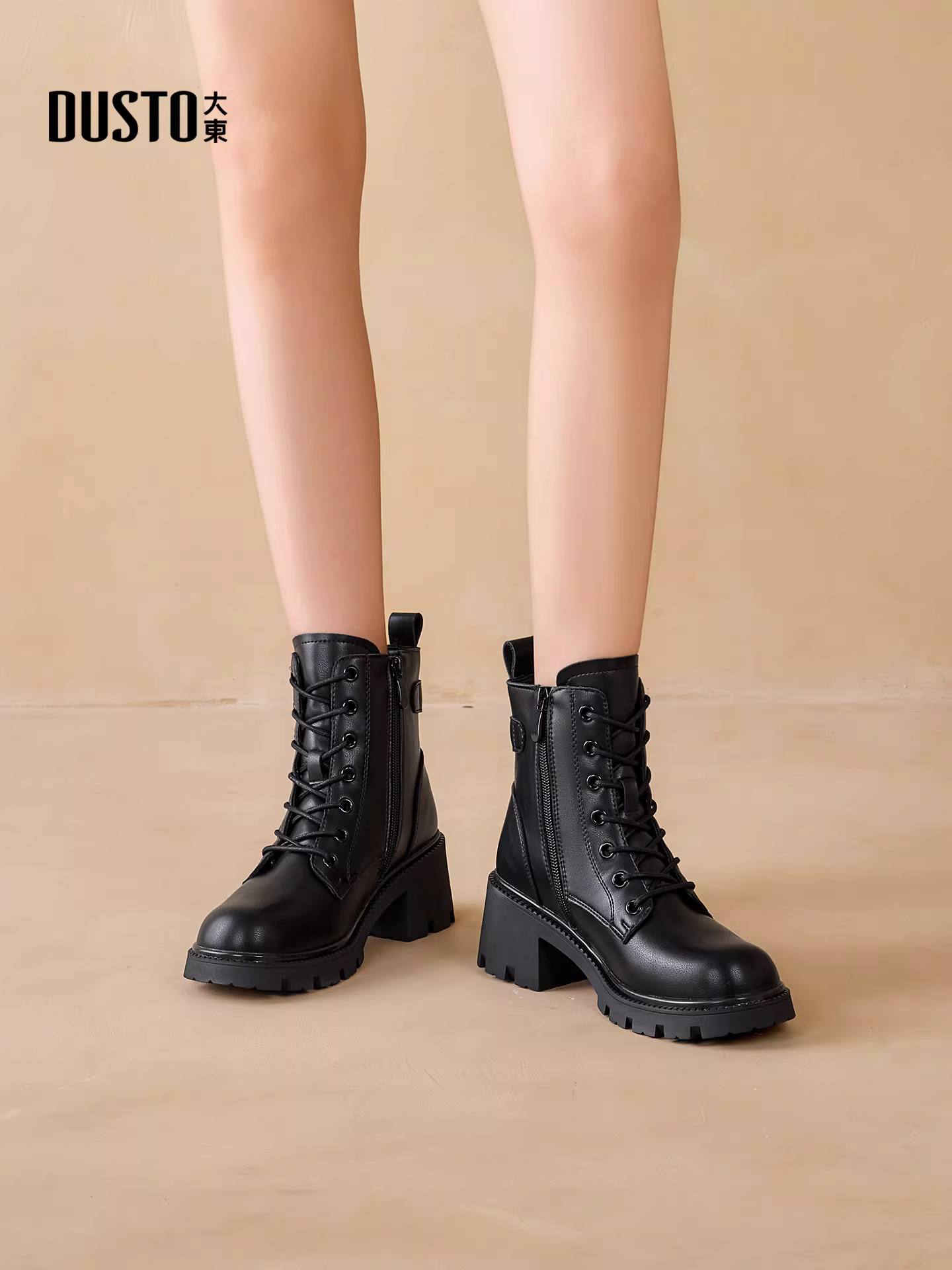 Giày bốt cổ ngắn đế dày Dadong màu đen dành cho nữ, mẫu mới thu đông 2025, lót lông giữ ấm, phong cách Anh, đế dày kiểu Martin