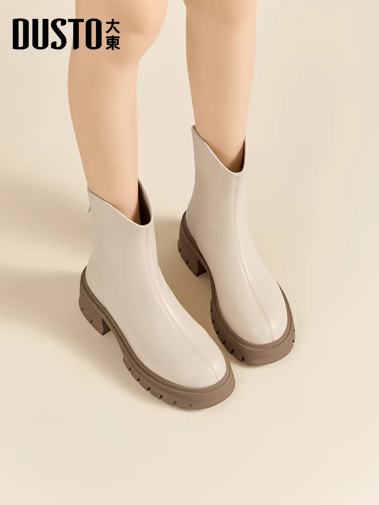 Giày bốt ngắn màu đen Dadong dành cho nữ 2025, mẫu mới thu đông, gót dày, kiểu dáng ôm chân, kiểu Chelsea, đế dày, kiểu Martin.