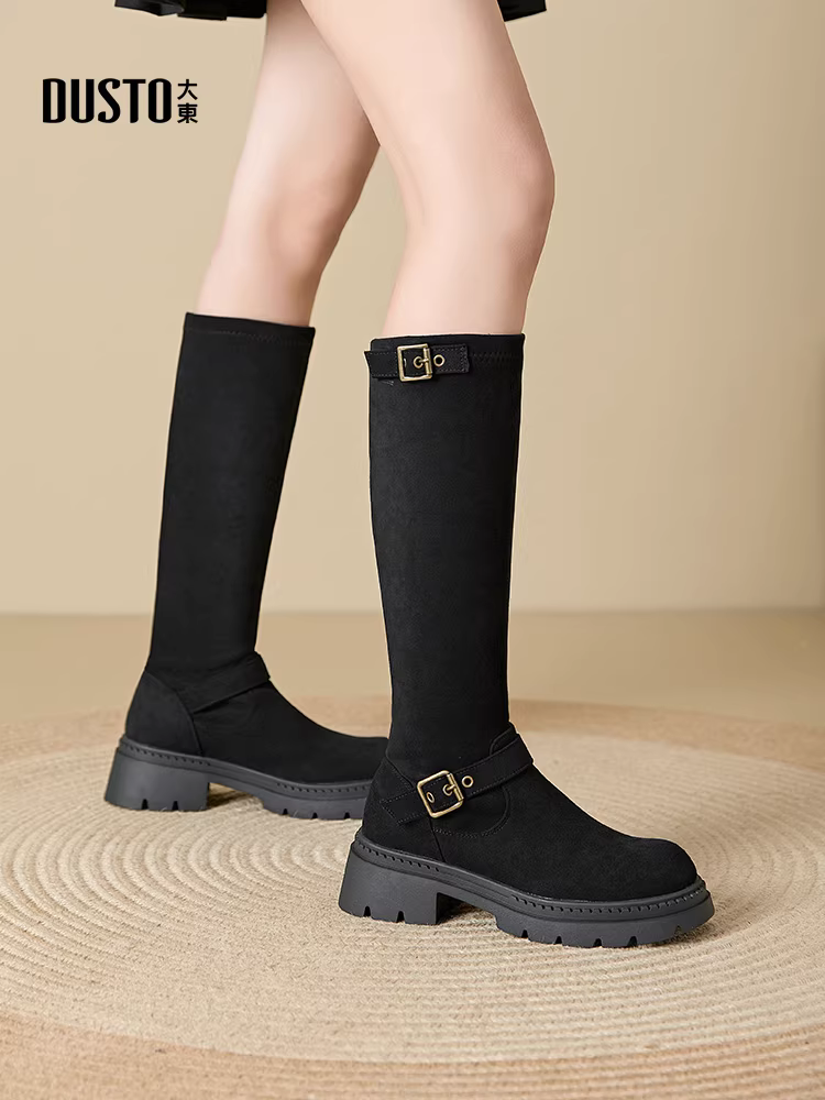 Giày bốt dài màu đen Dadong dành cho nữ 2025, mẫu mới thu đông, kiểu ôm sát, đế dày, cổ cao, kiểu đi xe.